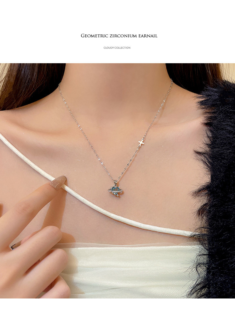 雅图小贝新款高级设计感蓝色锆石爱心钛钢项链女ins潮百搭气质锁骨链 X1010银